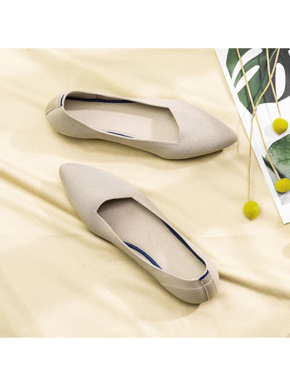 Women's Ecru Comfort Pointed Toe Softable Pull On Knit Dress Casual Flat Shoes - Picture 3 of 6